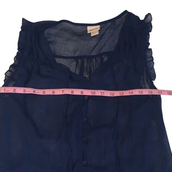 Mossimo Navy Sheer Sleeveless Ruffle Blouse With Button Front & Drawstring Waist - Picture 6 of 8